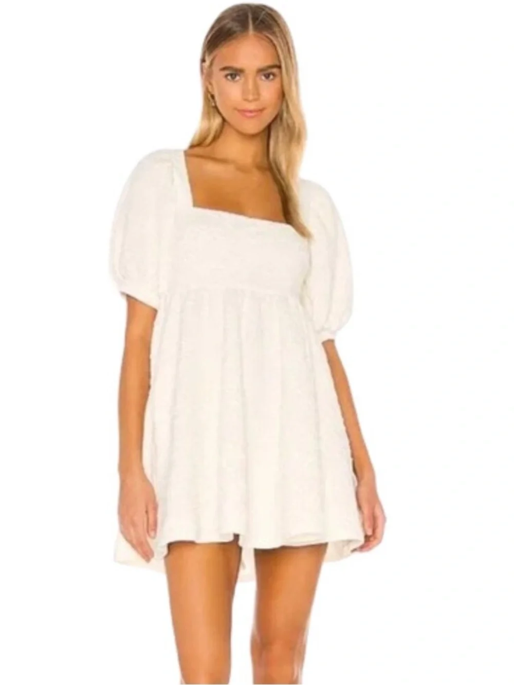 Free People Violet Baby Doll Mini Dress White Puff Sleeve Open Back Small NWOT